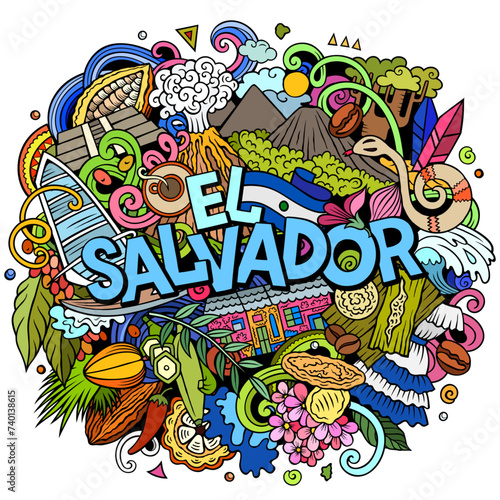 Photographie El Salvador cartoon doodle illustration. Funny local design.