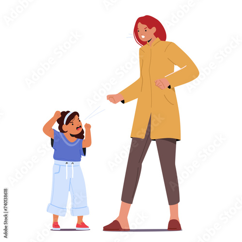 Angry Mother Character Shouts Intensely At Her Young Daughter, Her Face Contorted In Frustration, As The Child Screaming