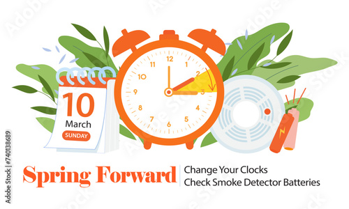 Daylight saving time begins 10 march 2024 banner. Spring Forward time. Banner reminder with info about changing time and batteries, smoke alarm. Clock forward one hour. USA and Canada photo