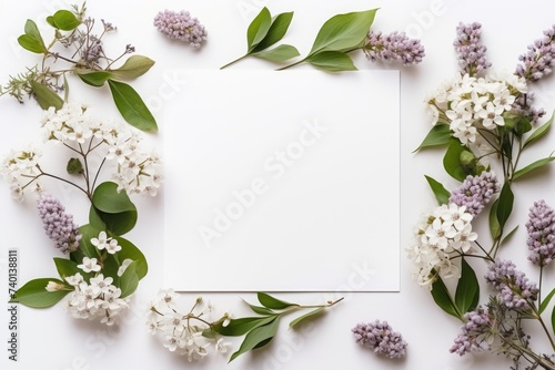 Greeting card mockup with branch of flowers, top view, flat lay. ai generated