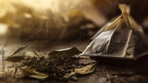 Herbal tea bags and loose leaves form an artful composition, evoking a sense of tranquility photo