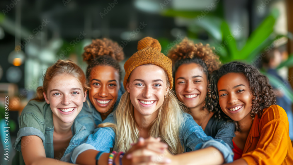 Smiling group of women, hands united, radiating positivity and ...