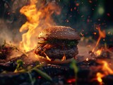 The sizzling flames engulf the savory hamburger, igniting a craving for fast food on a hot summer day in the great outdoors