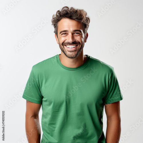 Smiling men wearing green T-Shirt Mockup on black studio background