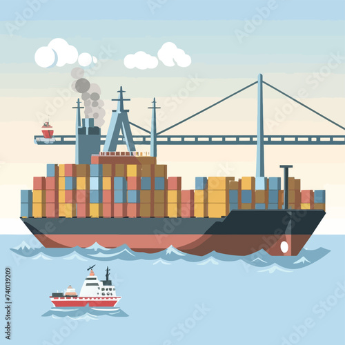 2d vector illustration colorful Land and sea transport techniques, methods and technological tools for transporting and shipping goods and products and logistic 
