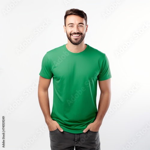 Smiling men wearing green T-Shirt Mockup on black studio background