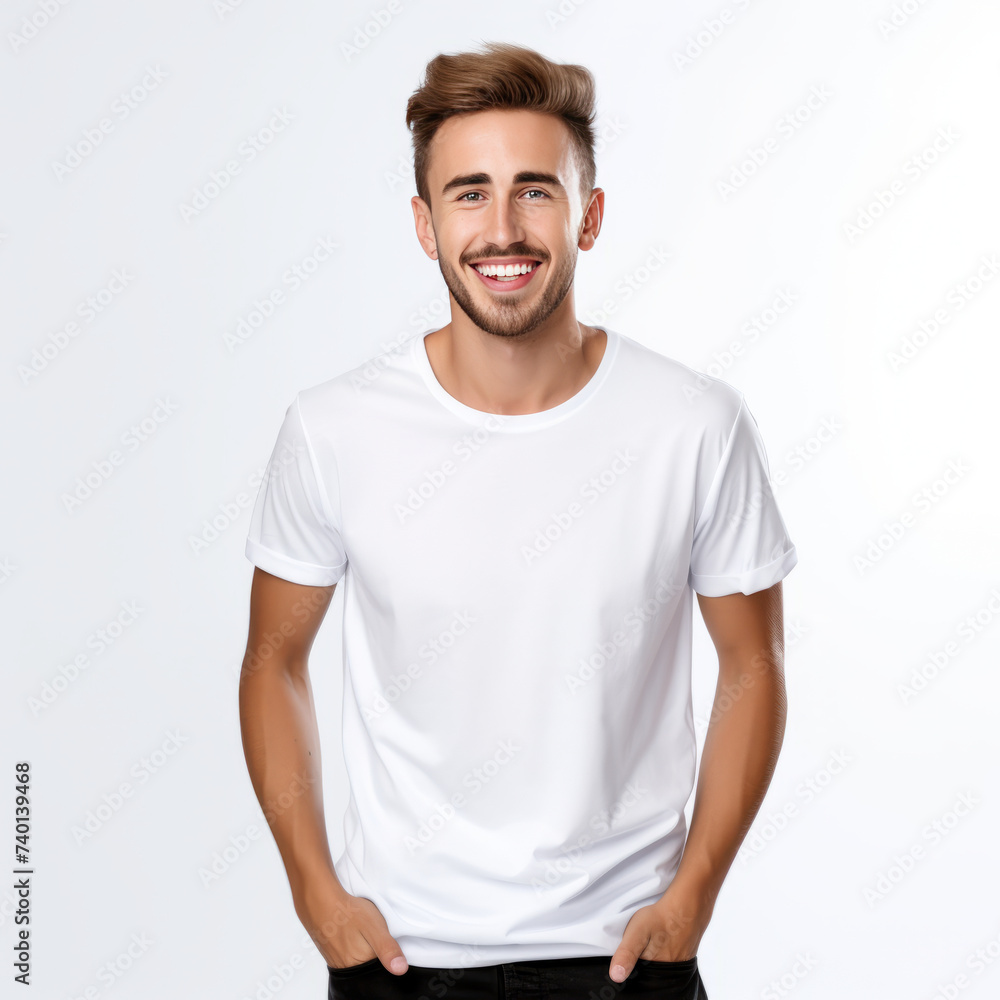Smiling men wearing white T-Shirt Mockup on black studio background Smiling men wearing white T-Shirt Mockup on black studio background