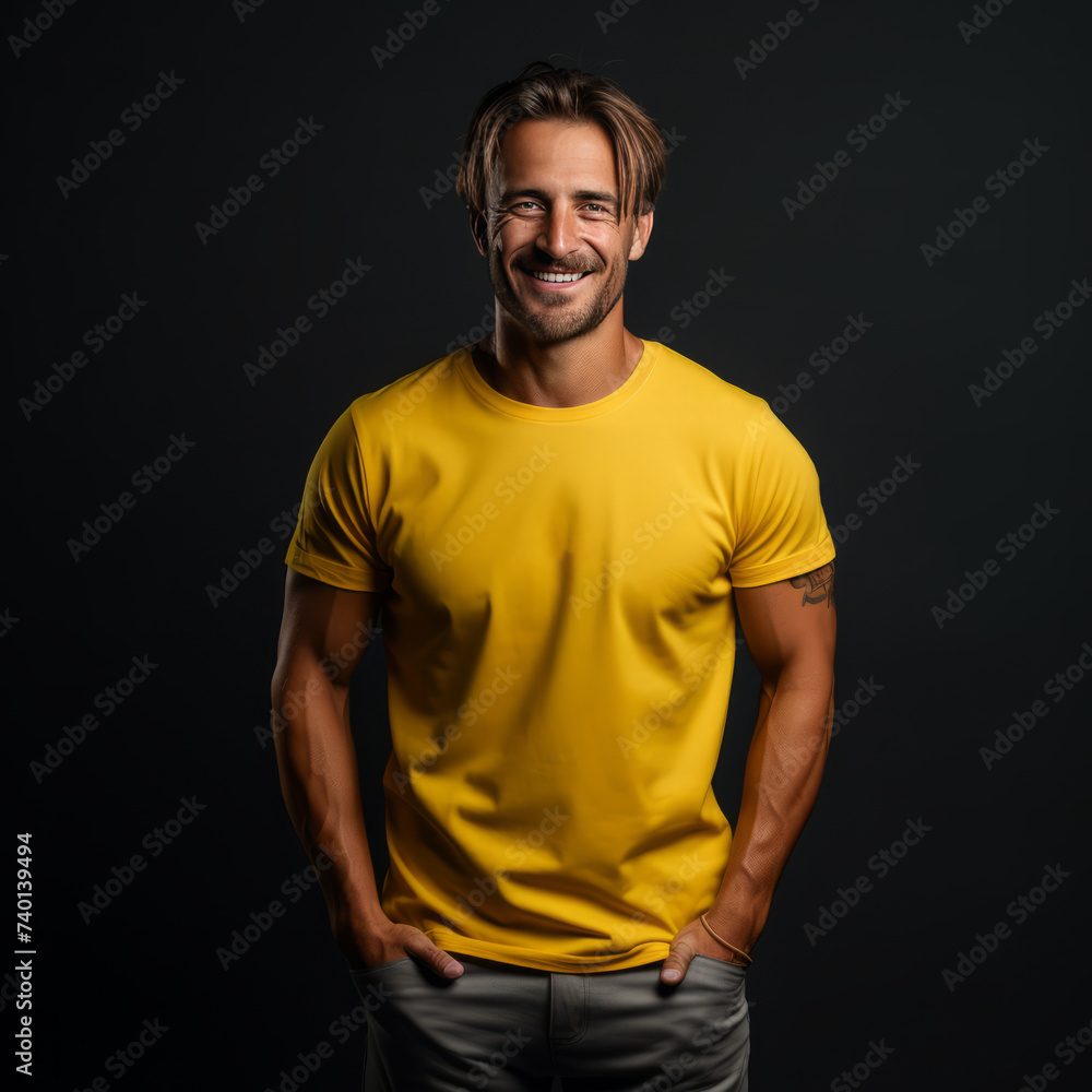 Smiling men wearing yellow T-Shirt Mockup on black studio background Smiling men wearing yellow T-Shirt Mockup on black studio background