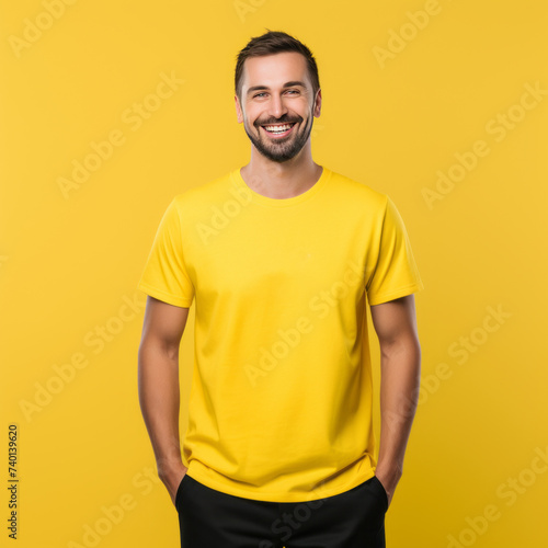 Smiling men wearing yellow T-Shirt Mockup on black studio background