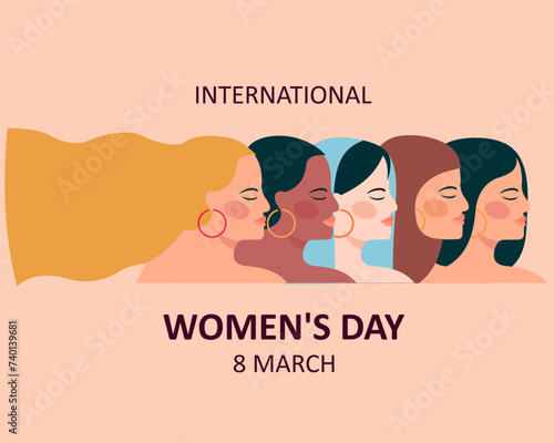 International Women's Day Female diverse faces, different ethnicity and hairstyle vector illustration.