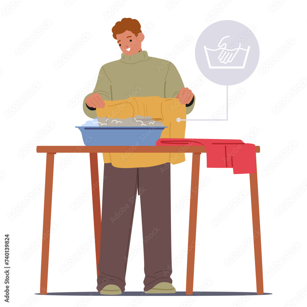 Man Diligently Handwashing Clothes in Basin, Nurturing A Practice Of Clothing Care. Male Character Uses Soapy Water Man Diligently Handwashing Clothes in Basin, Nurturing A Practice Of Clothing Care. Male Character Uses Soapy Water