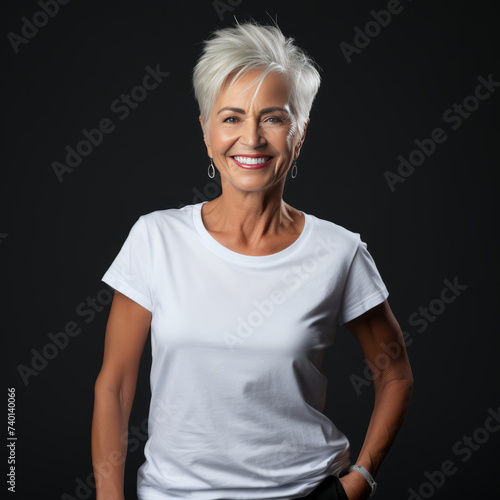 Smiling old woman wearing white T-Shirt Mockup on black studio background