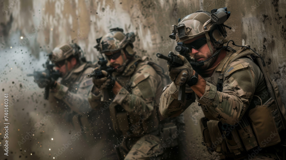 Fototapeta premium A squad of highly trained special forces soldiers in full tactical gear carefully advancing through an urban environment, prepared for engagement.