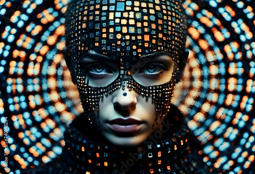 Woman with futuristic pixelated makeup against a digital backdrop, conveying a cyberpunk or high-tech concept.