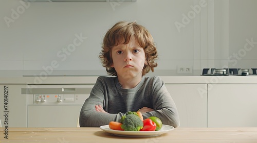 a sulking child seated in front of a plate of vegetables on a modern kitchen table, portraying the challenges of mealtime struggles and healthy eating habits in a contemporary setting. photo