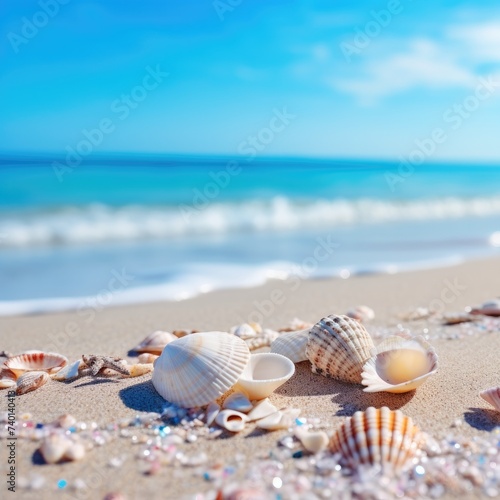 Tropical beach with various shells in sand, copyspace for text. Concept of summer relaxation
