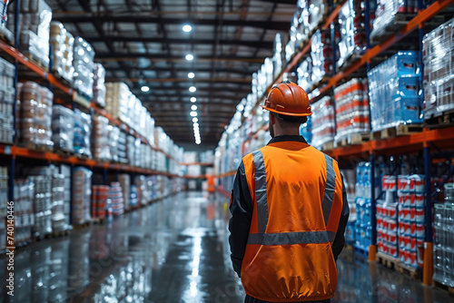 Worker in orange high-visibility vest and hard hat stands facing rows of stocked shelves in a well-lit warehouse, seen from behind.