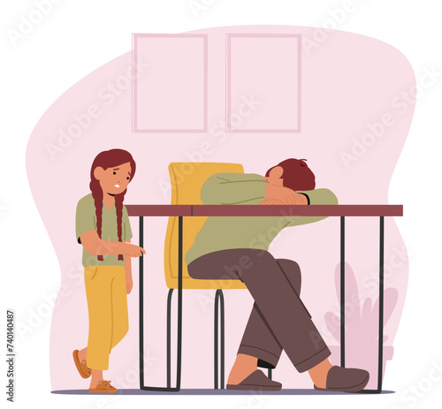 Inebriated Father Character Slumbers On The Table, Unaware, While His Small Daughter Gazes, Puzzled, Vector Illustration