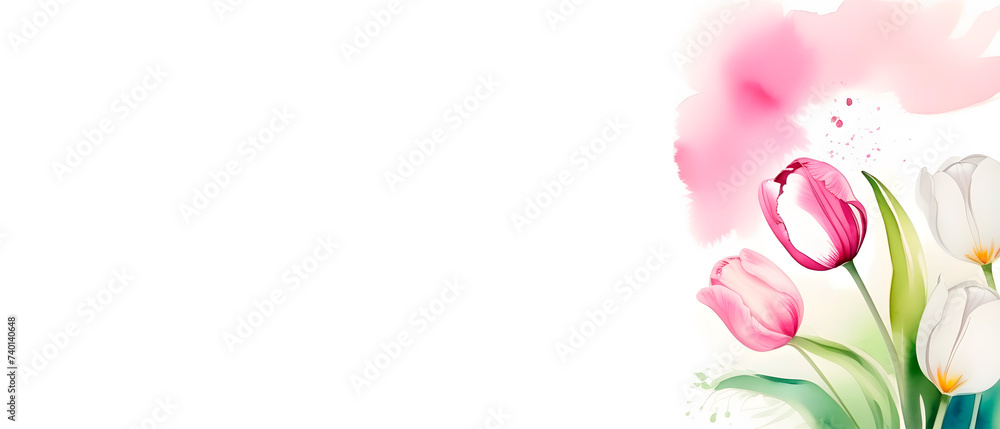 A banner with tulip flowers with a place for text. Colorful digital illustration of tulips. For printing on holidays, postcards, packaging.
