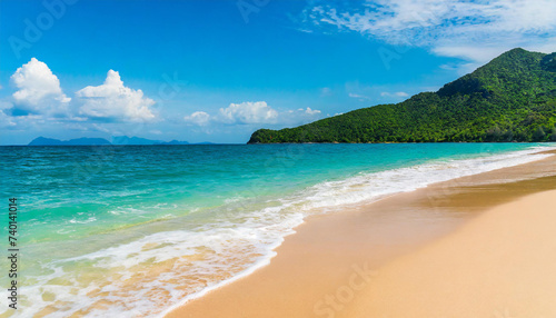 Sea Beach and Soft wave of blue ocean. Summer day and sandy beach background.