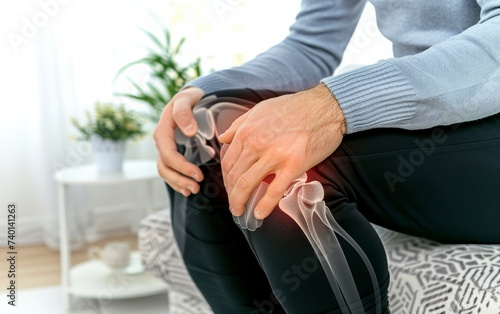 This image portrays a man holding his knee overlaid with a glowing red digital effect to signify sharp knee pain. The digital graphics emphasize the focal point of pain in a clinical context.