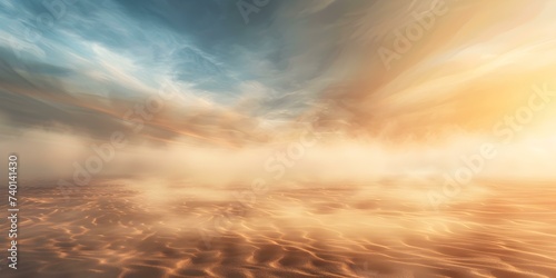 Tranquil desert scene with swirling sandstorm and expansive cloudy sky backdrop. Concept Desert Landscape, Sandstorm, Cloudy Sky, Tranquil Scene photo