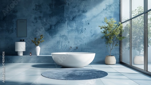 Modern bathroom with blue walls  tiled floor  comfortable white bathtub and round mirror.