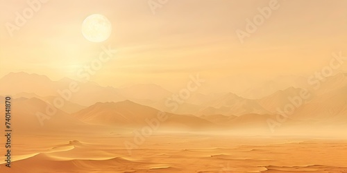 Scenic view of desert mountains under full moon during sandstorm. Concept Desert Landscape, Full Moon, Sandstorm, Mountain View, Scenic Beauty