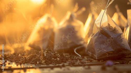 Herbal tea bags and loose leaves form an artful composition, evoking a sense of tranquility photo