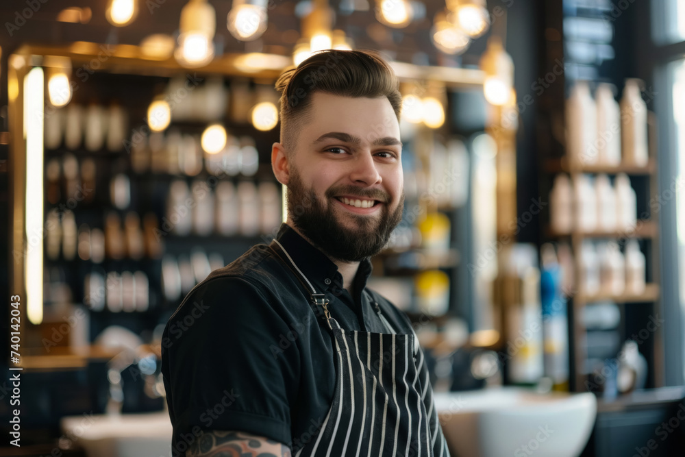 A smiling hairdresser in an apron stands against the background of the salon A smiling hairdresser in an apron stands against the background of the salon