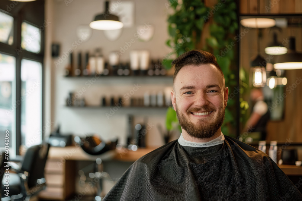 Obraz premium A smiling and satisfied customer in a barbershop on the background of an interior with mirrors and accessories