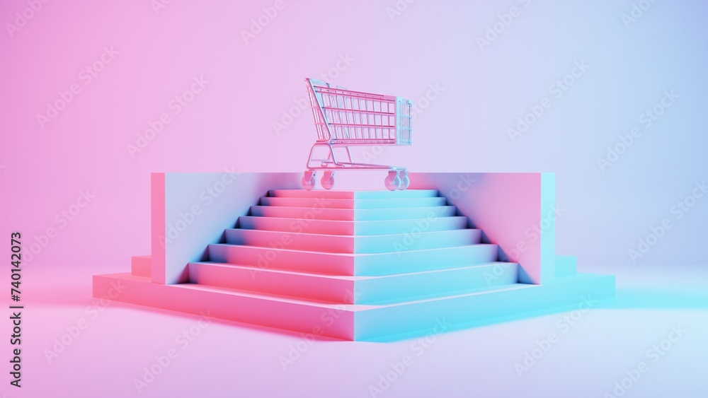 Obraz premium This 3D render showcases a shopping cart positioned on a podium, symbolizing its significance and prominence in the realm of e-commerce
