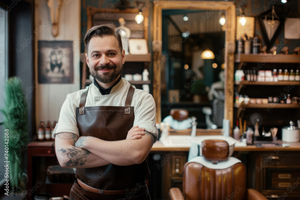 A smiling barber in an apron with tattoos on the background of the modern interior of a stylish barbershop