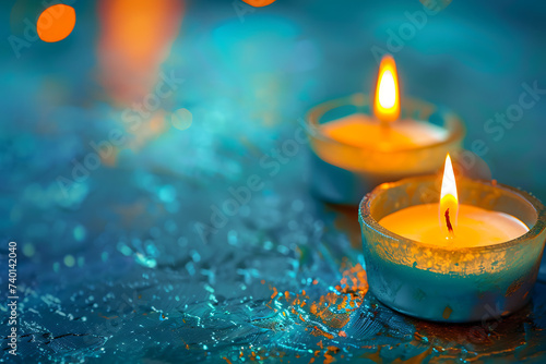 lit candles in a blue background in the style of teal photo