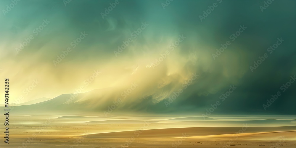 Digital artwork of a desert landscape with a dramatic sandstorm brewing. Concept Desert Landscape, Sandstorm, Dramatic Artwork