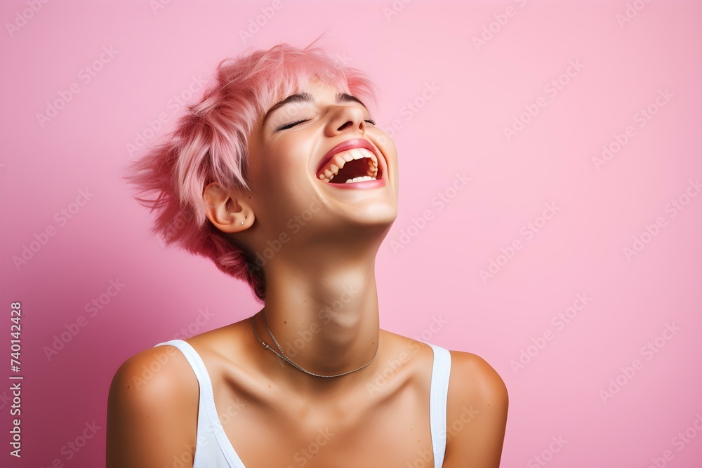 Young woman laughing against a pink background. Concept Outdoor Photoshoot, Colorful Props