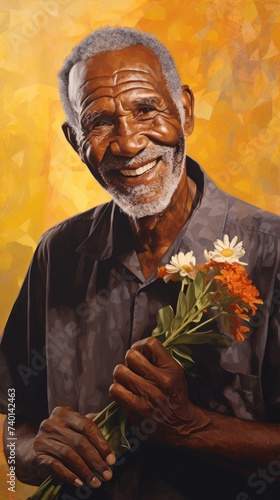 image of an elderly black man, with a wise and gentle appearance reminiscent of Dr. Sebi, holding ginger in his hand.  photo