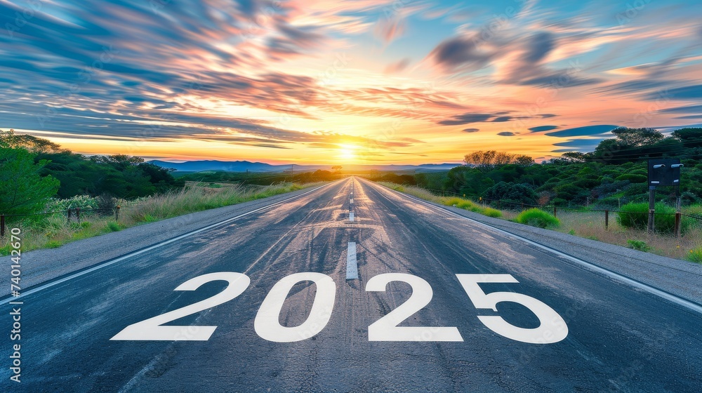 The number '2025' emblazoned on the road captures a sunset journey into The number '2025' emblazoned on the road captures a sunset journey into