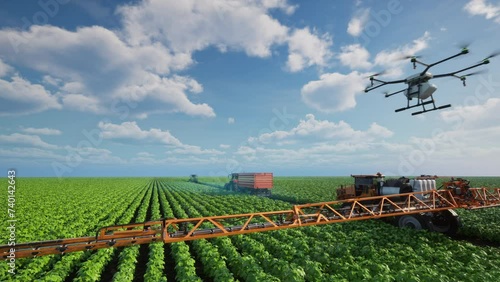 Autonomous agriculture vehicle and drone self driving, 5G technolohy with smart farming concept photo