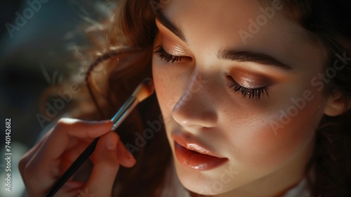 A makeup artist carefully applies eyeshadow to a model, highlighting her delicate features.