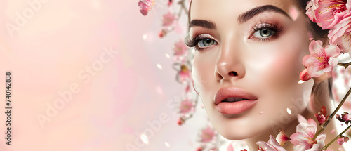 Close-up portrait of a glamorous woman with pink flowers  showcasing her flawless makeup and radiant skin