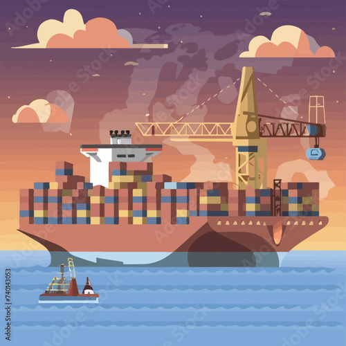 2d vector illustration colorful Land and sea transport techniques, methods and technological tools for transporting and shipping goods and products and logistic 

