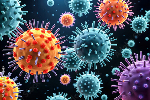 Several types of viruses in close-up under a microscope. SARS pandemic risk concept