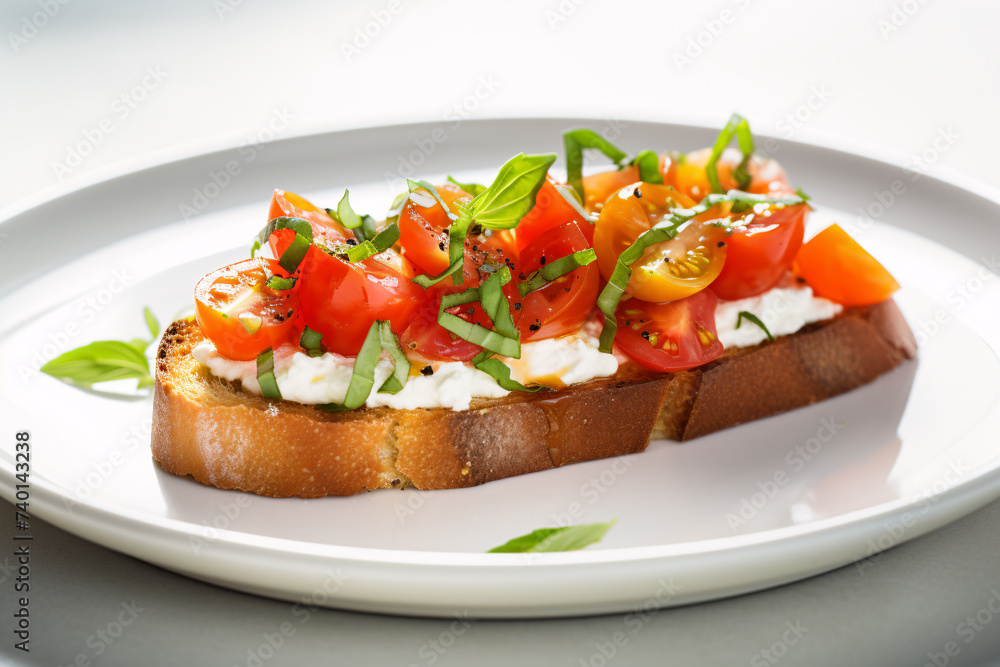Bruchetta, a grilled bread rubbed with garlic with tomato toppin on white plate Bruchetta, a grilled bread rubbed with garlic with tomato toppin on white plate