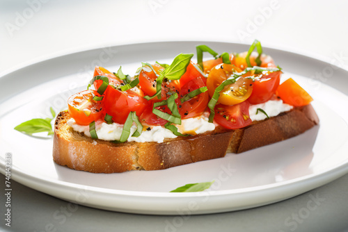 Bruchetta, a grilled bread rubbed with garlic with tomato toppin on white plate
