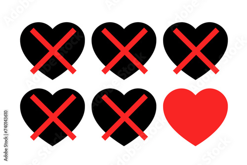 Love life and dating - serial monogamy, promiscuity and history of series of breakups, divorces, failures and failed love relationships. Vector illustration isolated on white.