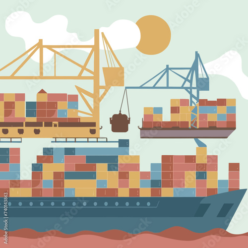 2d vector illustration colorful Land and sea transport techniques, methods and technological tools for transporting and shipping goods and products and logistic 

