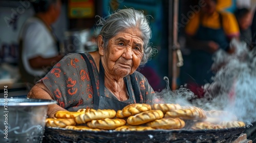 beautiful Mexican grandmother selling tortillas in a market in high resolution and high quality