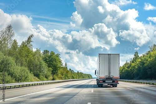 A semi truck is seen driving down a highway under a cloudy blue sky. © Joaquin Corbalan