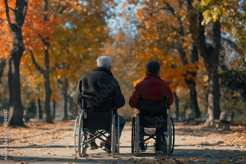 A couple, a young woman, and an elderly man sitting in wheelchairs outdoors.